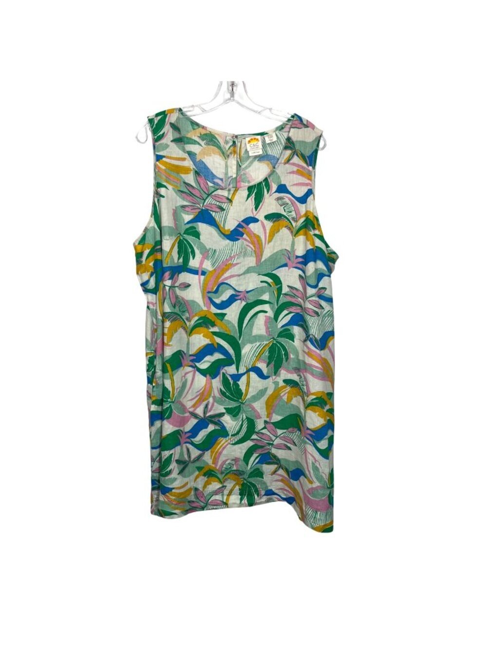 C&C California Sleeveless Tropical Print 100% Linen Shift Dress Size 2X Pockets